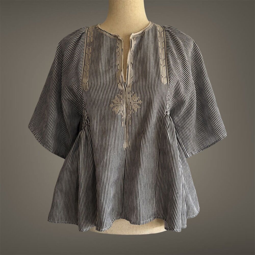 Isabel Marant Embroidered Ruched Top 34 XS Striped Boho Peasant Festival Folk